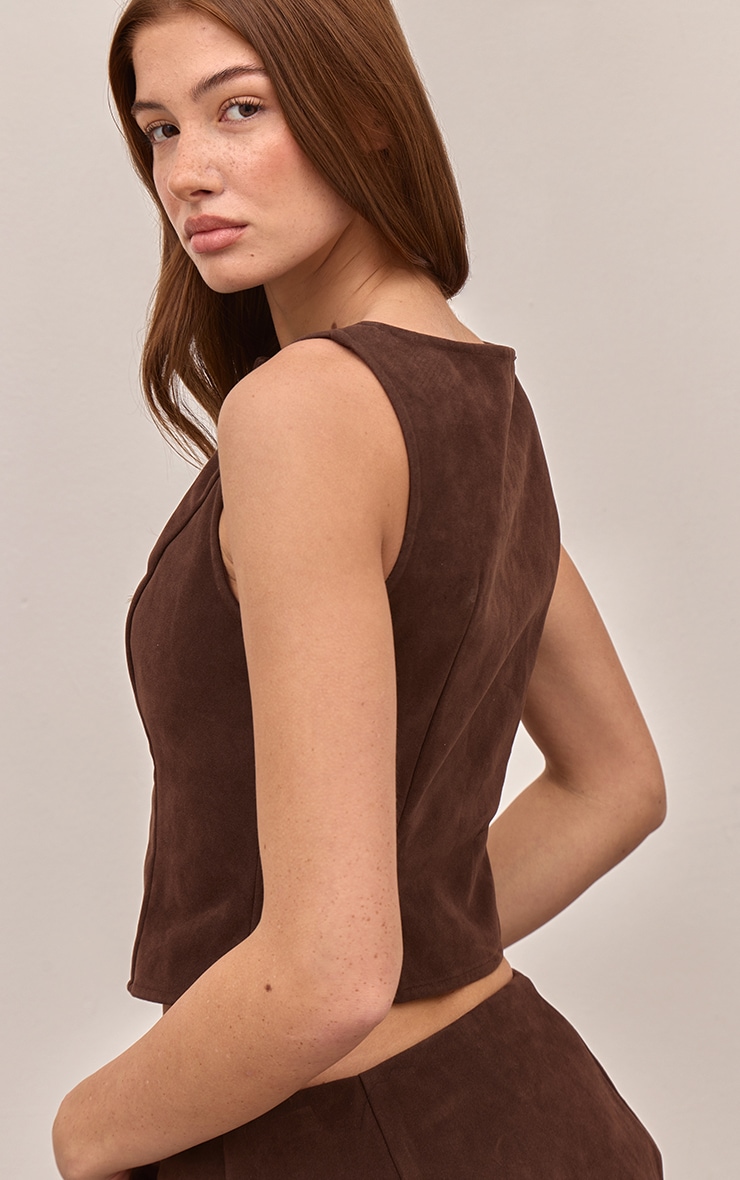 Dark Brown Faux Suede Button Through Vest image 2