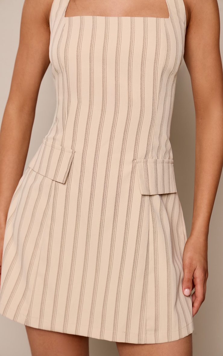 Cream Striped Halterneck Pocket Detail Shift Dress image 4