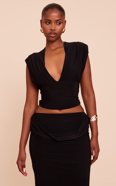 Black Double Layer Slinky Drape Plunge Long Top