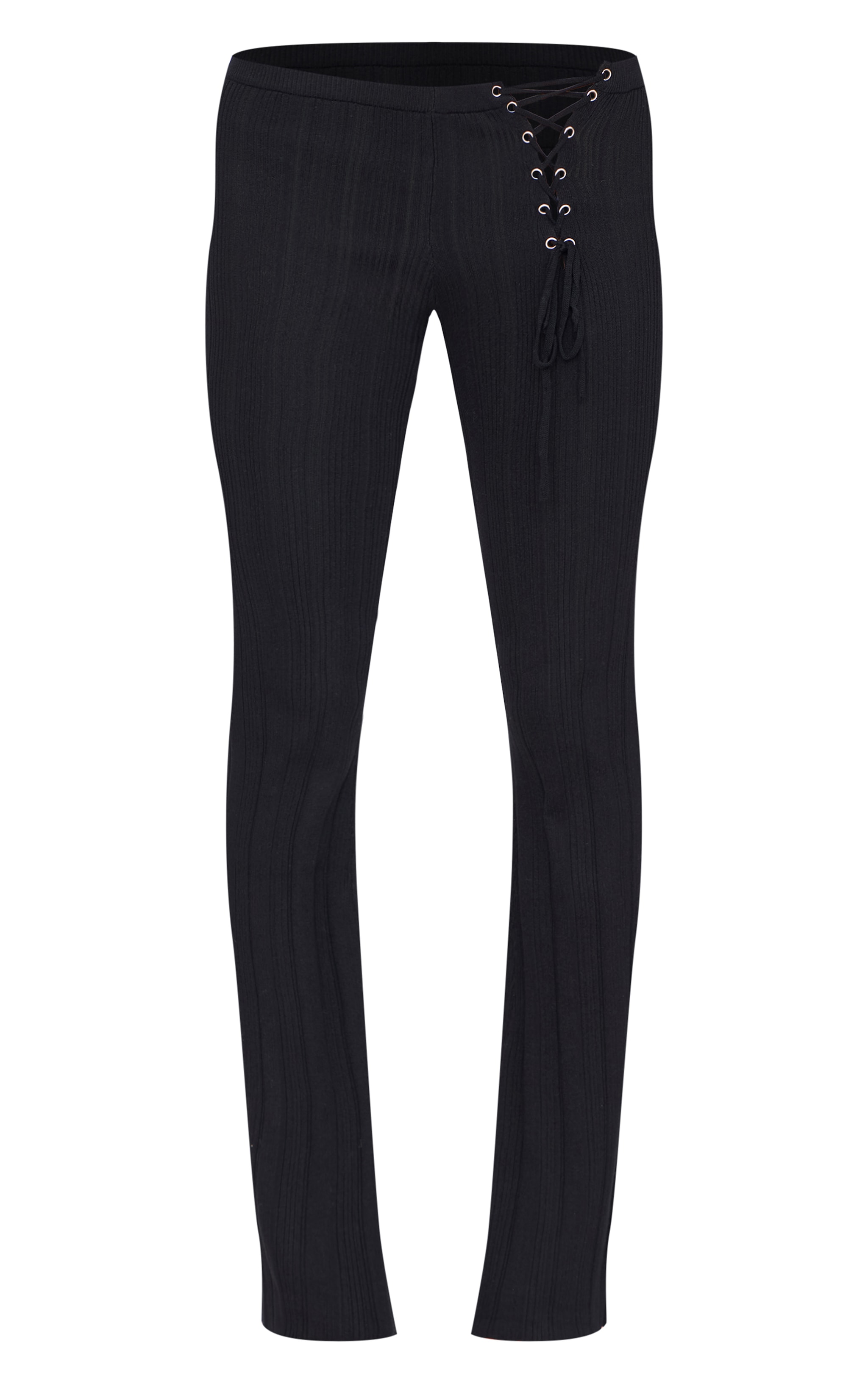 Black Textured Rib Knit Lace Up High Waist Flared Pants image 1