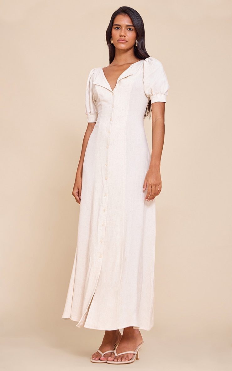 Natural Linen Look Button Puff Sleeve Midaxi Dress image 3