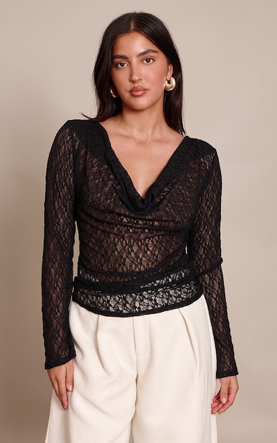 Top en dentelle noire transparente à col bénitier et manches longues