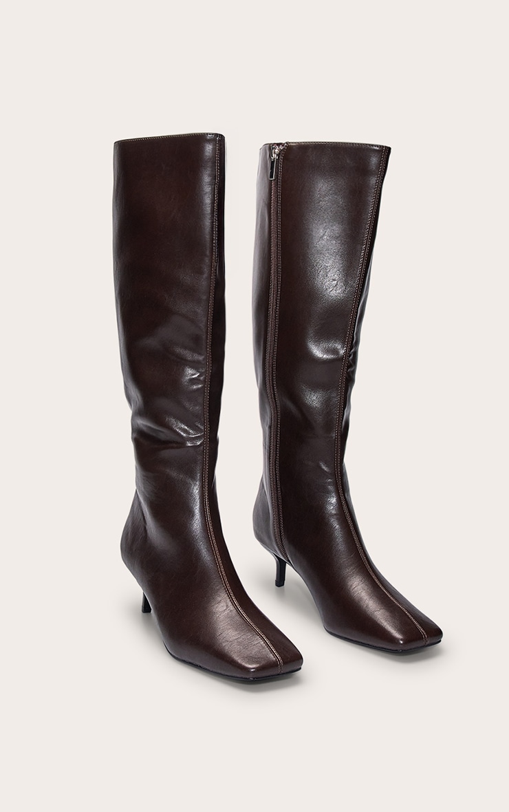 Chocolate Soft PU Snip Toe Kitten Heel Knee High Boot image 3