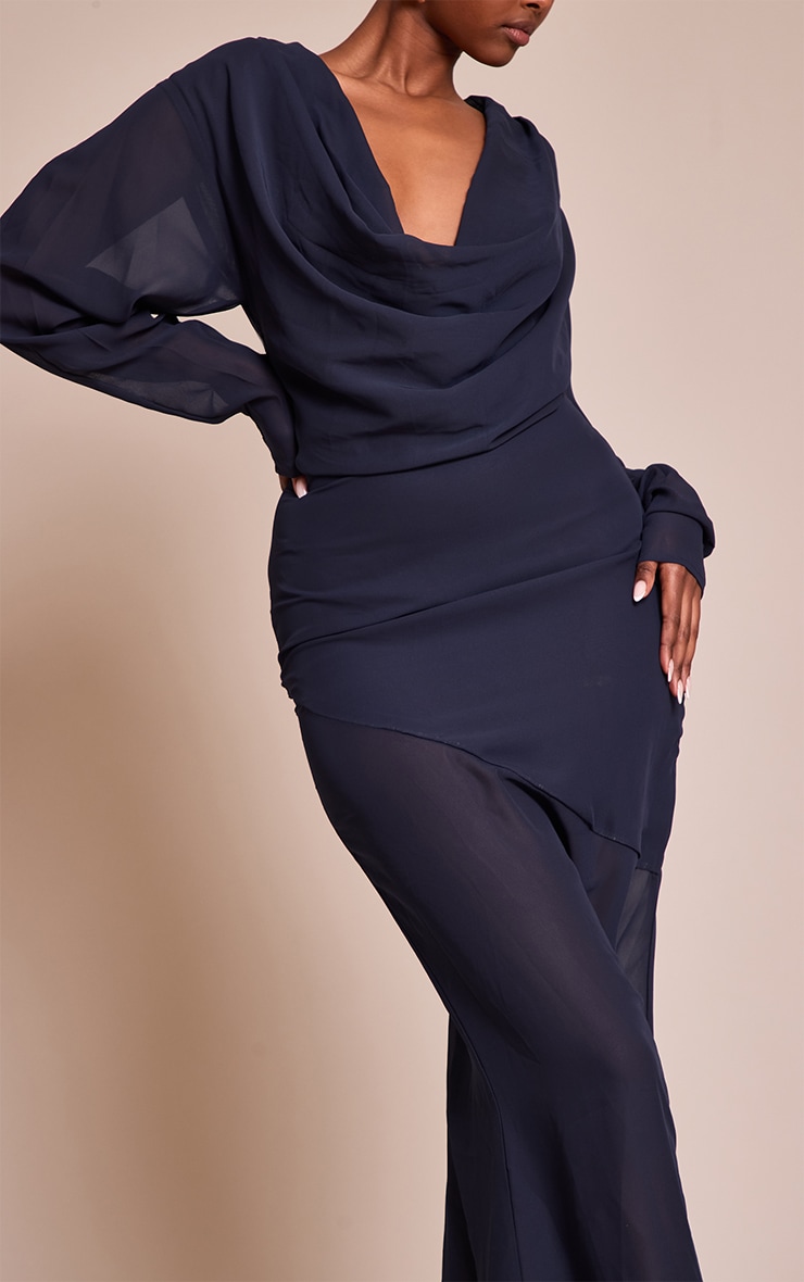 Navy Chiffon Extreme Cowl Neck Long Sleeve Maxi Dress image 4