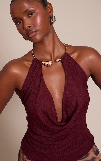 Burgundy Gold Cuff Detail Knitted Top