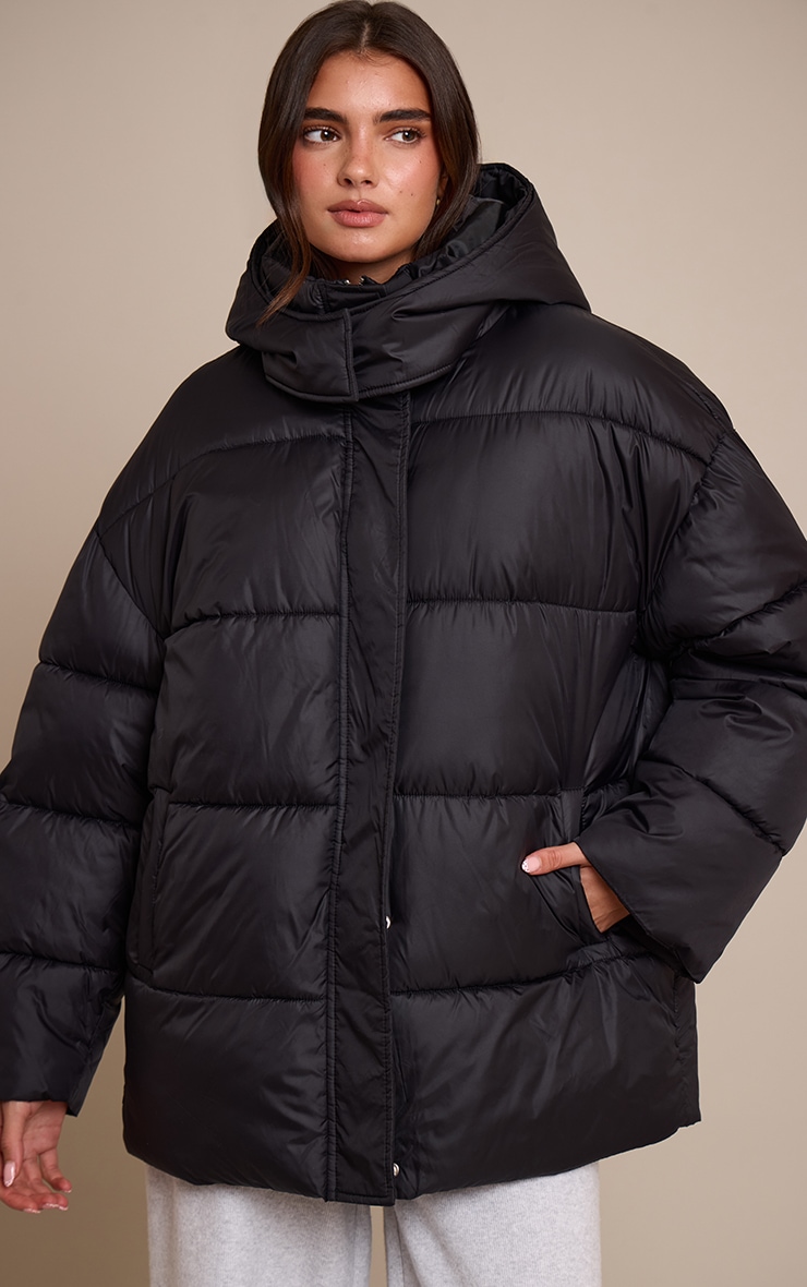 Black Oversized Hooded Puffer Jacket image 4