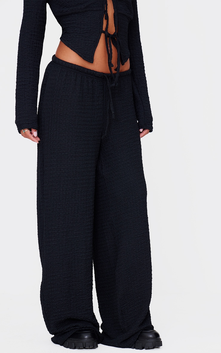 Black Textured Low Rise Wide Leg Trousers image 2