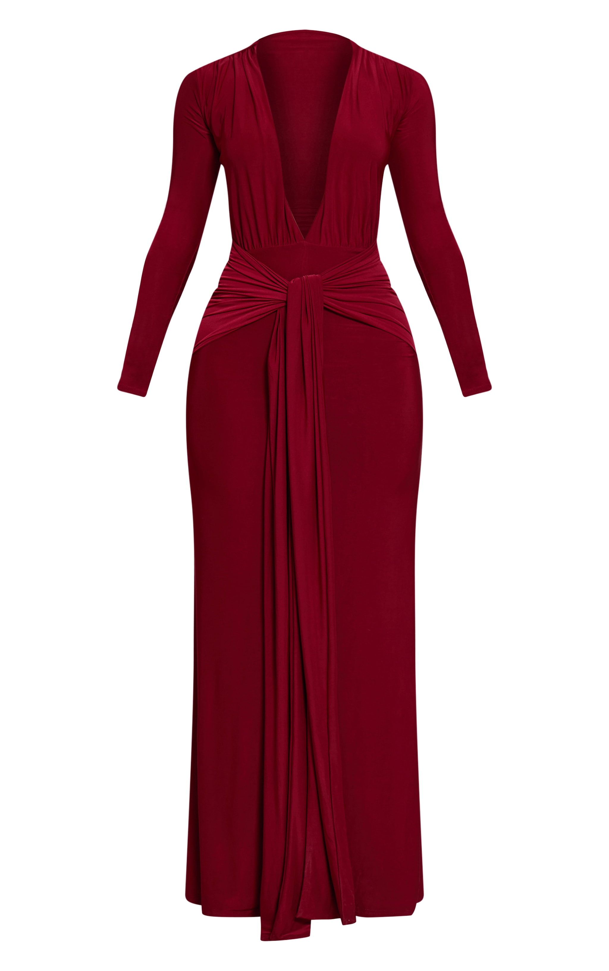 Petite Burgundy Double Layer Slinky Long Sleeve Ruched Tie Front Maxi Dress image 5