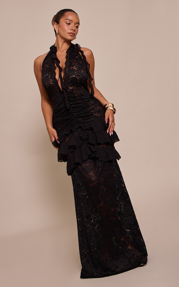 Shape Black Lace Plunge Neckline Frill Detail Maxi Dress