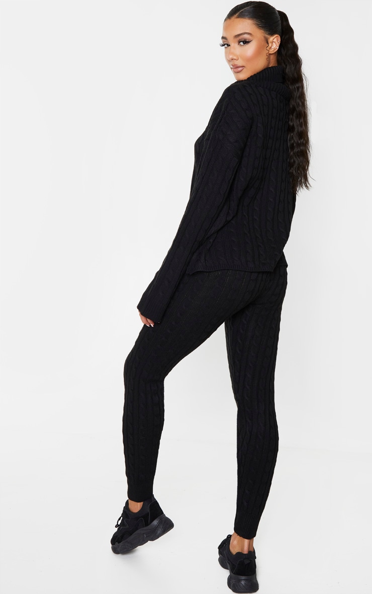 Black Cable Knit Roll Neck And Legging Set image 2