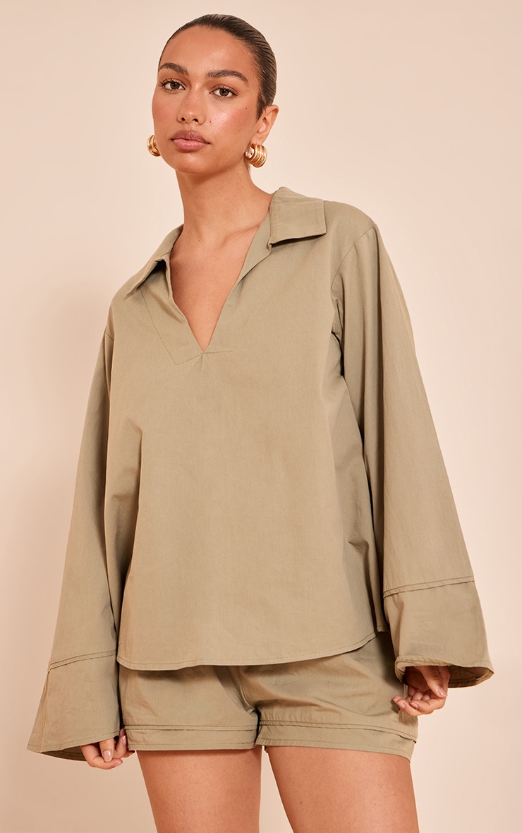 Light Khaki Cotton Woven Boxy Long Sleeve Collar Top image 1