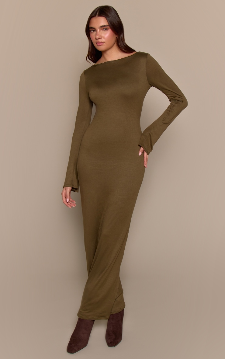 Khaki Soft Touch Jersey Long Sleeve Maxi Dress