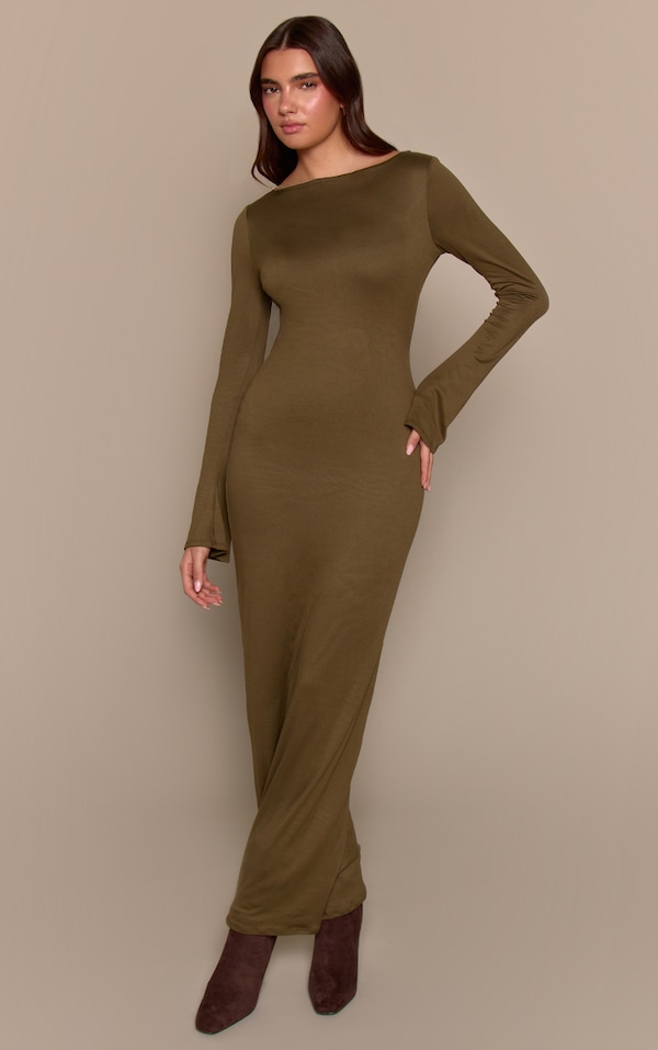 Khaki Soft Touch Jersey Long Sleeve Maxi Dress