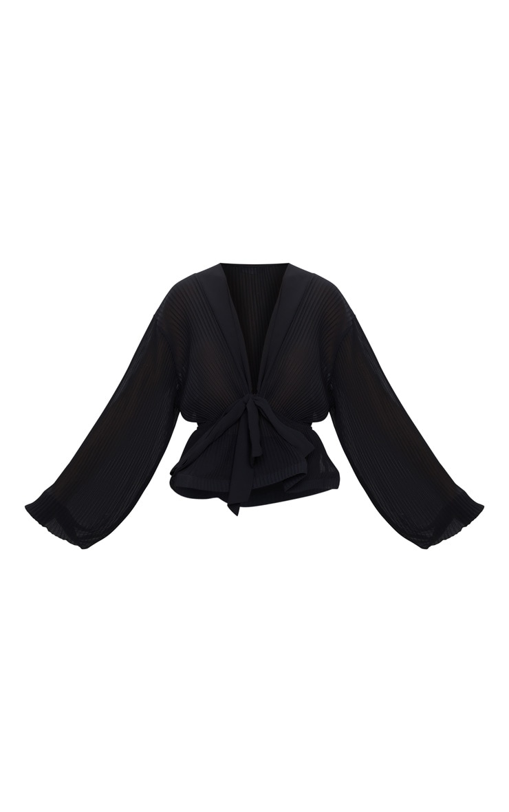 Black Chiffon Pleated Flounced Hem Blouse image 3