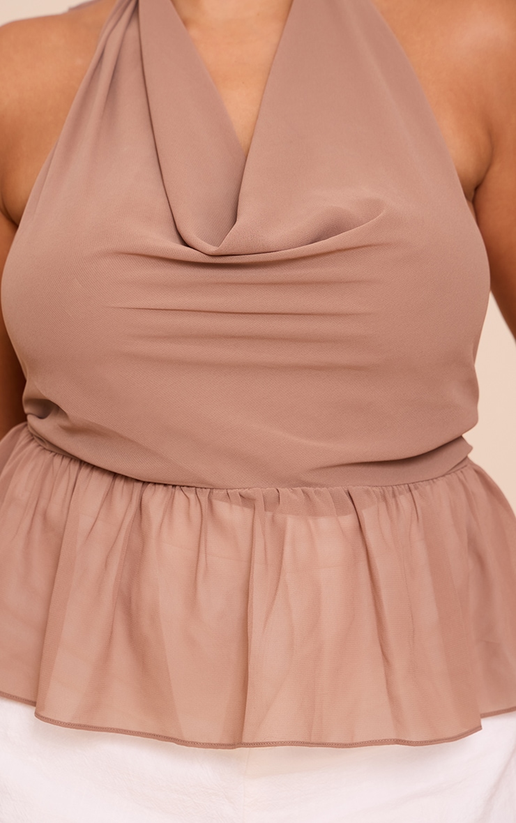 Plus Mocha Chiffon Cowl Peplum Hem Halterneck Top image 4