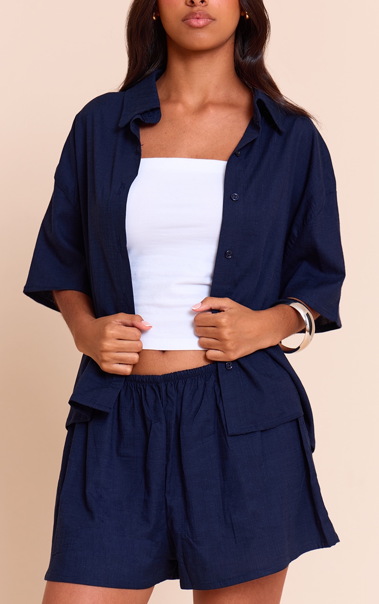 Petite Navy Linen Look Short Sleeve Shirt image 4