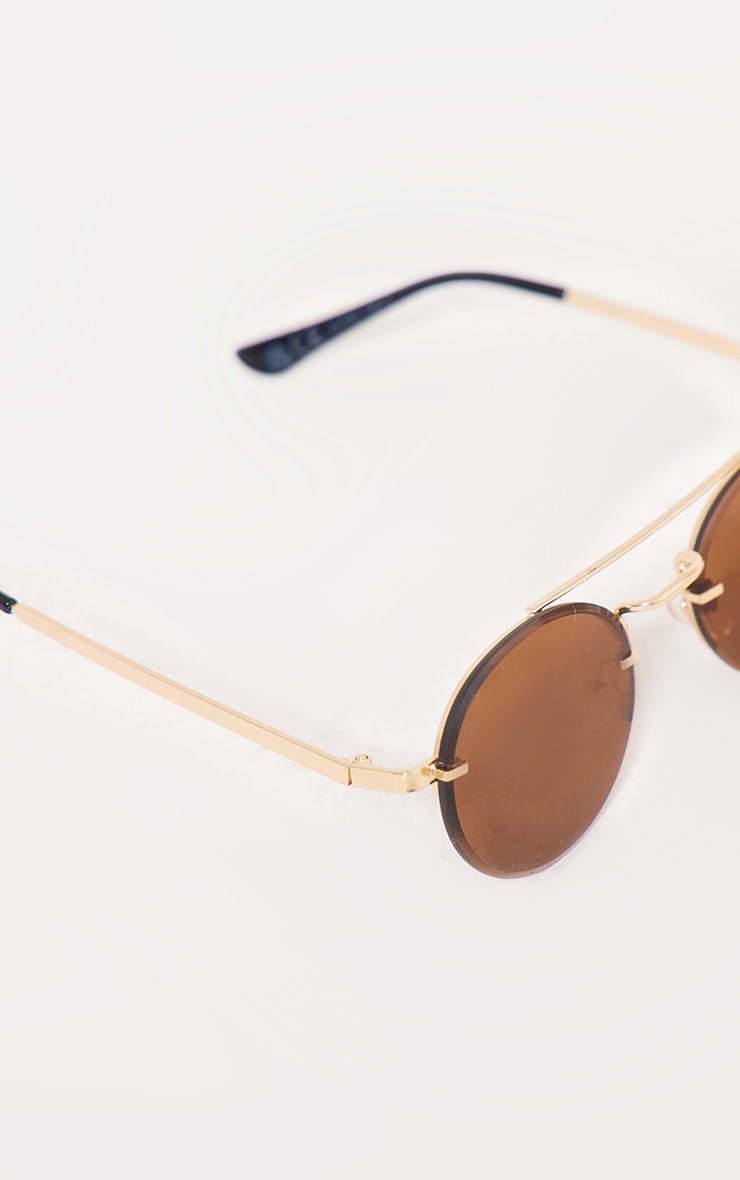 Brown Rounded Lens Gold Bar Aviator Sunglasses image 2