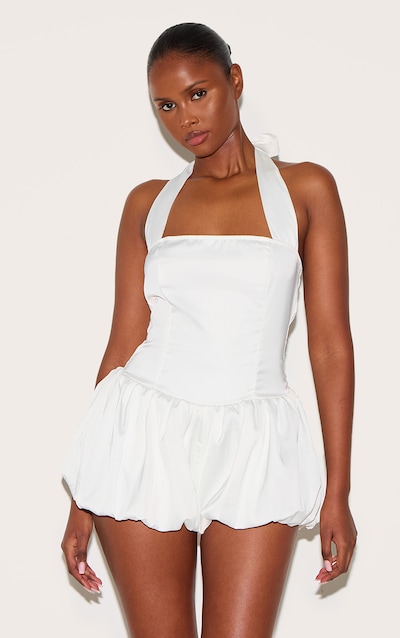 White Satin Halter Neck Puffball Playsuit