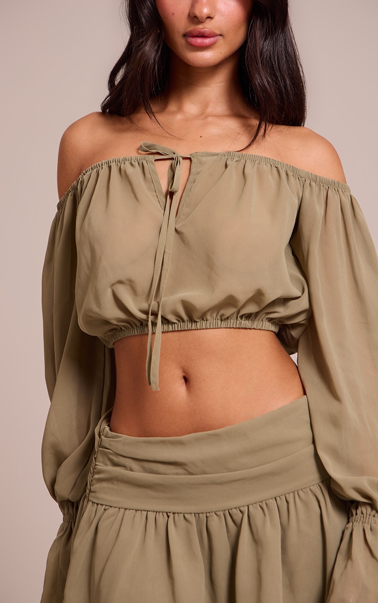 Petite Khaki Ruched Elasticated Bardot Top image 4