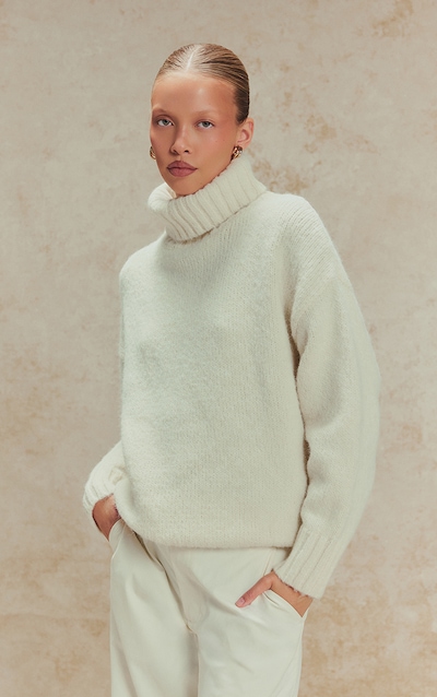 Cream Balloon Sleeve Roll Neck Oversized Jumper