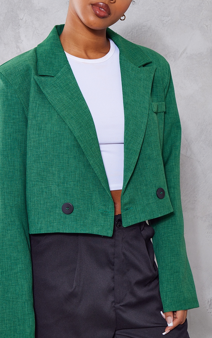 Dark Green Woven Cropped Shoulder Padded Blazer image 4