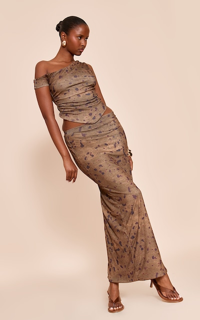 Khaki Abstract Print Onion Skin Low Rise Maxi Skirt