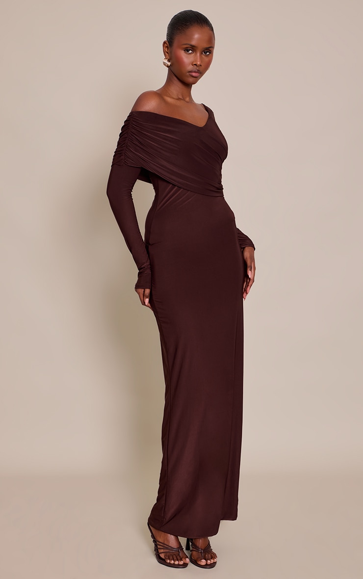 Chocolate Slinky Cross Wrap Maxi Dress image 3