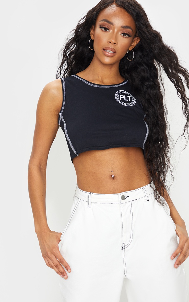 PRETTYLITTLETHING Black Contrast Hem Racer Crop Top