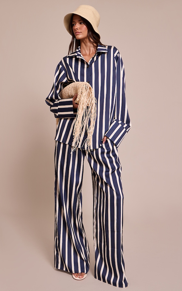 Navy Satin Pinstripe Wide Leg Pants