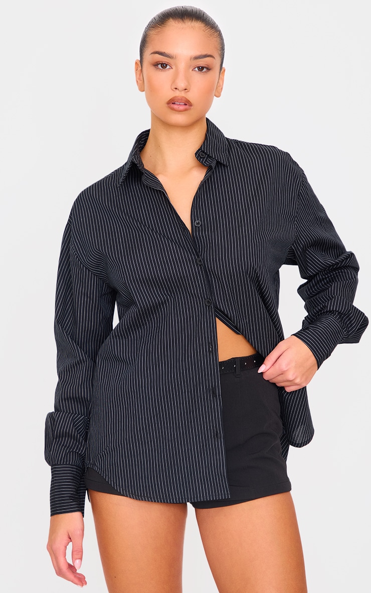 Black Oversized Striped Cut Out Back Shirt image 3