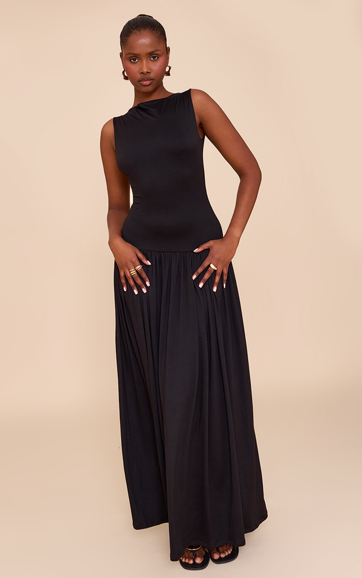 Black Double Layer Jersey Dropped Waist Maxi Dress image 3