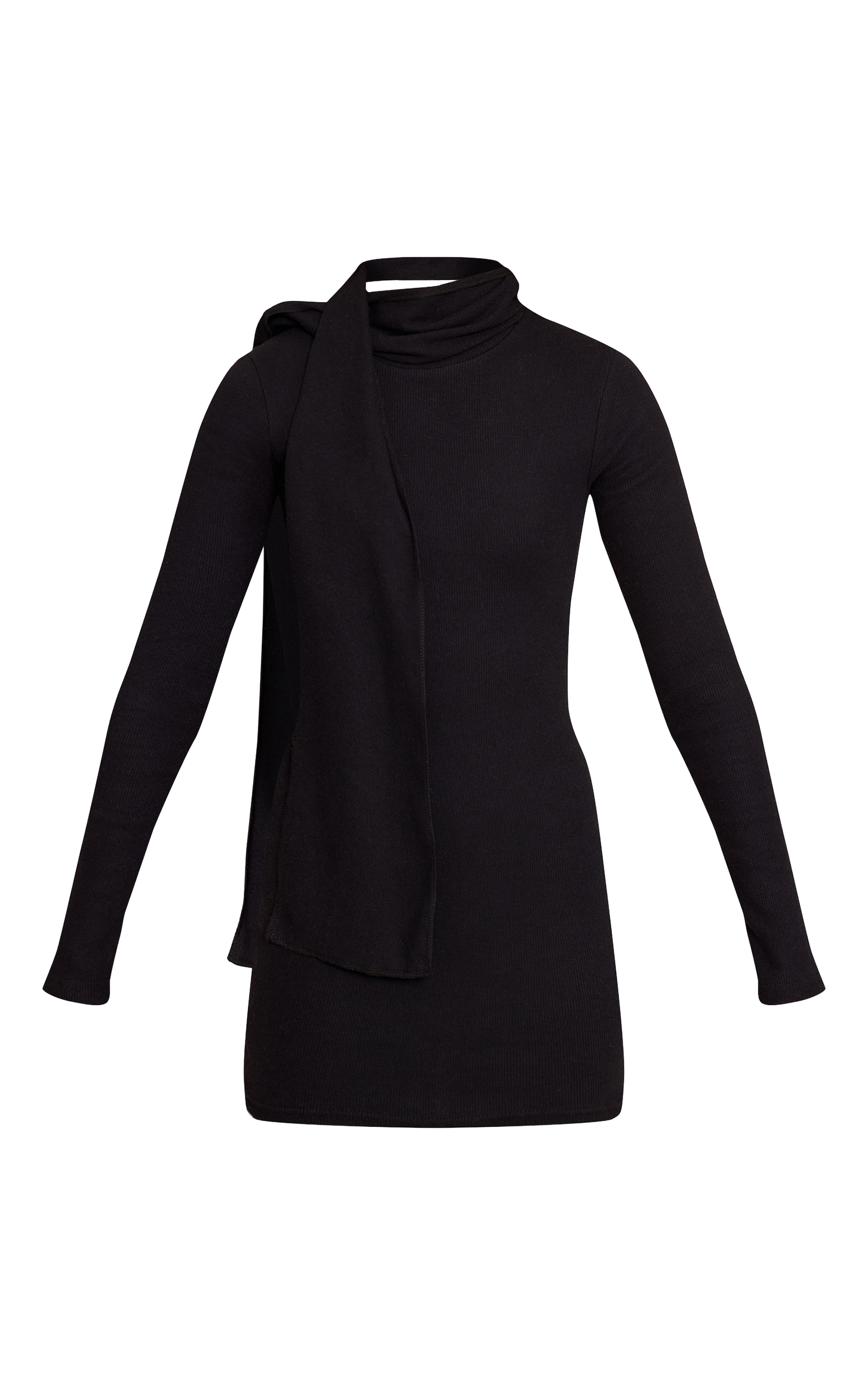 Black Brushed Rib Scarf Detail Long Sleeve Mini Dress image 5