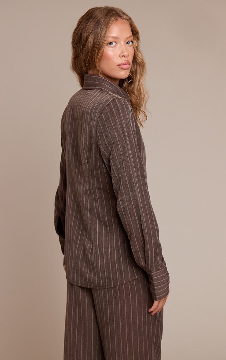 Brown Pinstripe Woven Asymmetric Button Shirt image 2