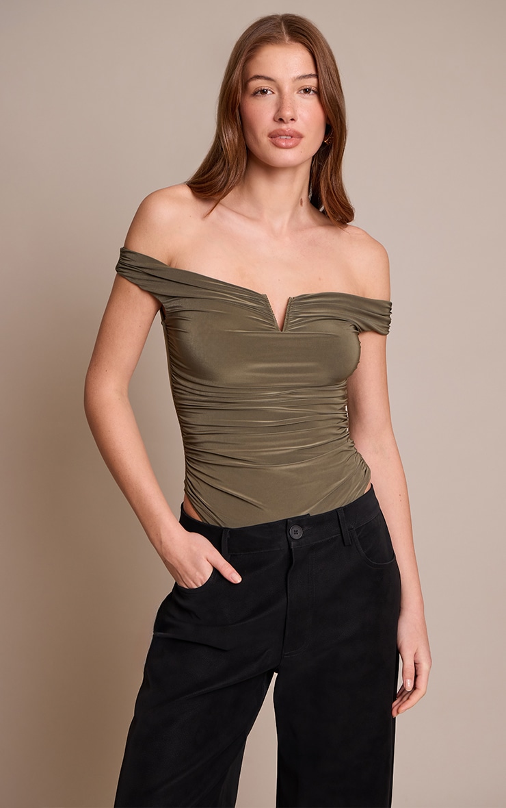 Khaki Double Layer Slinky Extreme Ruch Detail Bodysuit image 1