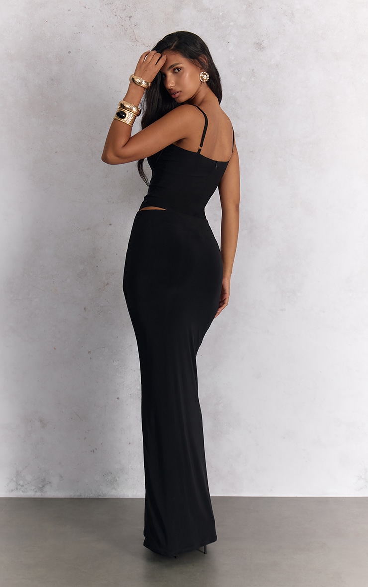 Black Double Layer Trim Detail Slinky Maxi Skirt image 3