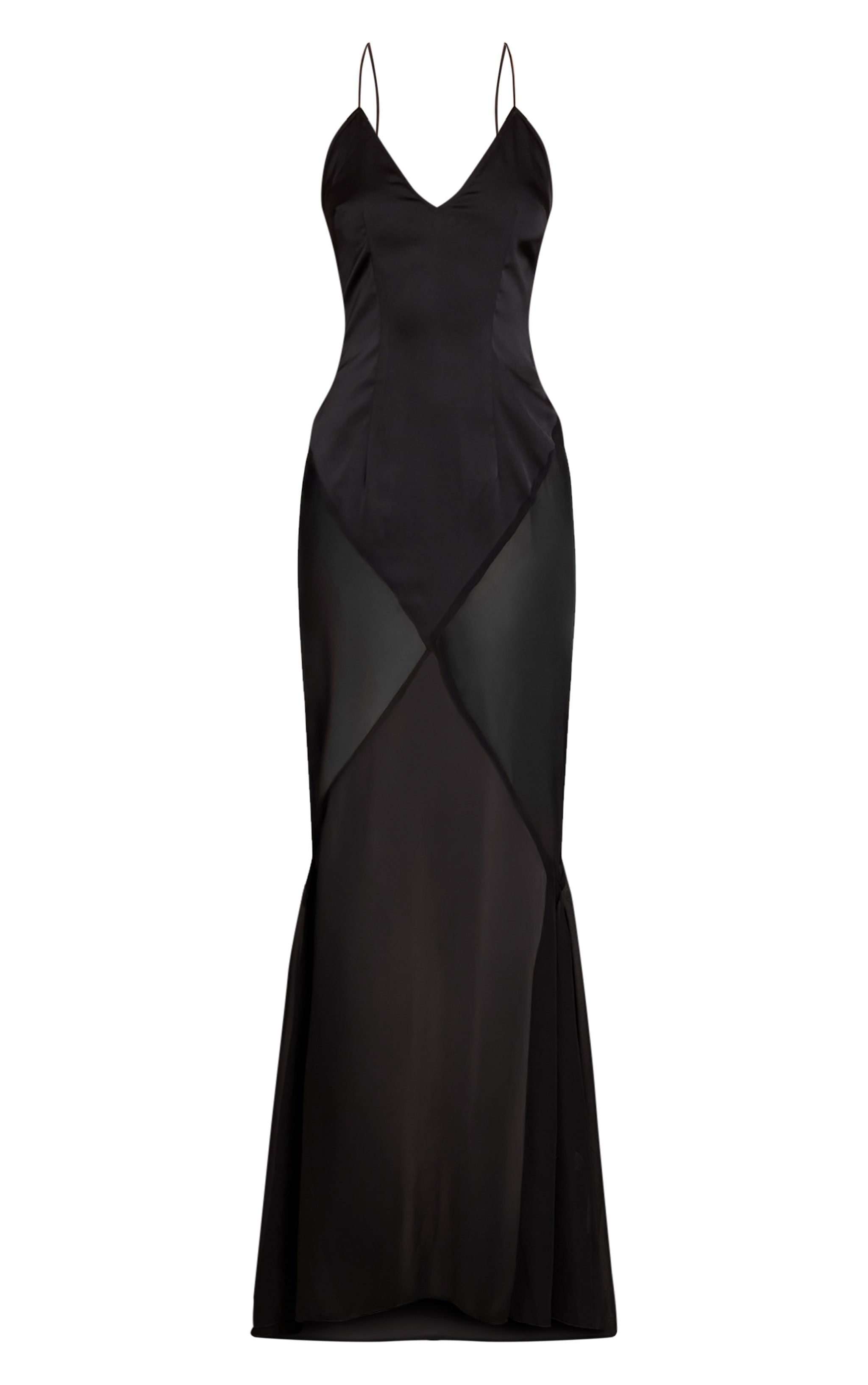 Robe longue satinée noire à col en V et parties contrastantes image 5