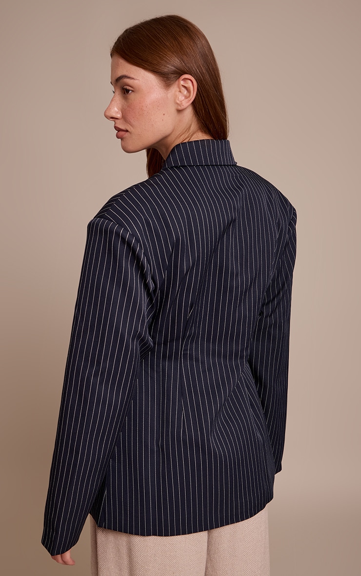 Navy Pinstripe Gathered Cinched Waist Blazer image 2