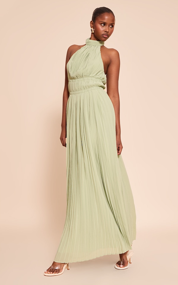 Sage Extreme Pleated High Neck Sleeveless Maxi Dress
