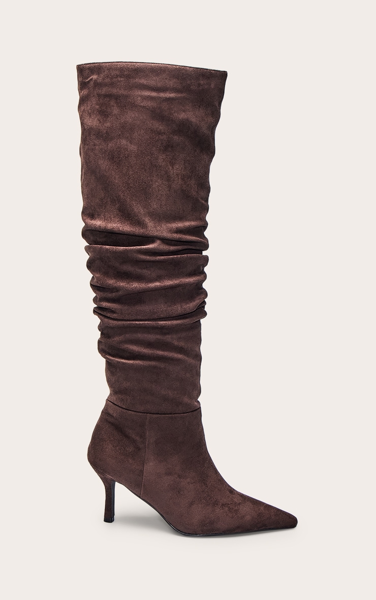Bottes hautes en suédine chocolat froncées à talon image 2