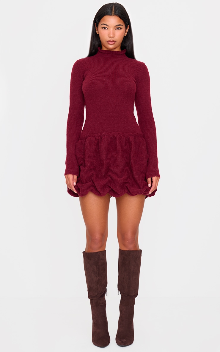 Burgundy High Neck Knitted Puffball Mini Dress image 3