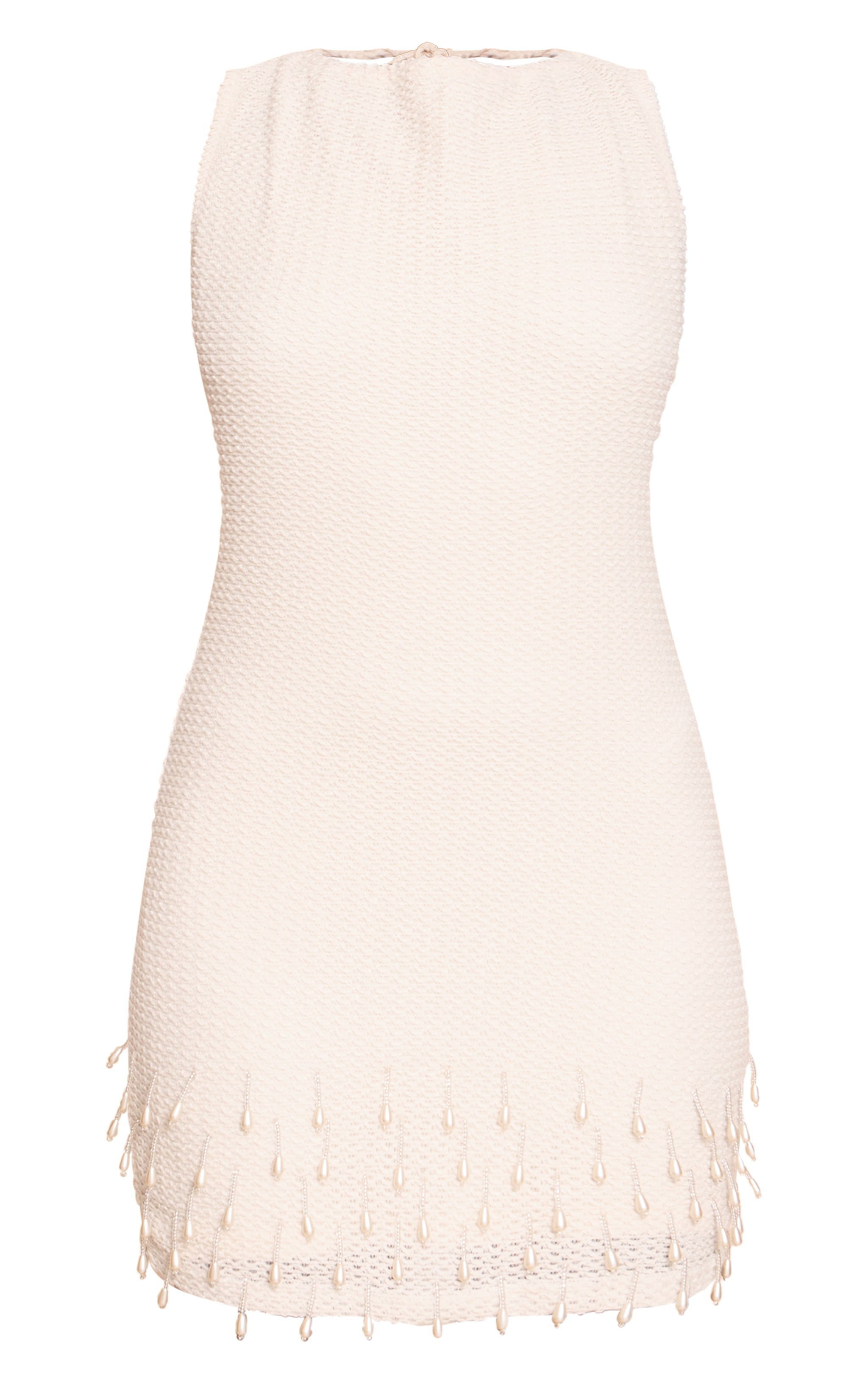 Cream Textured Boat Neck Pearl Detail Mini Dress image 5