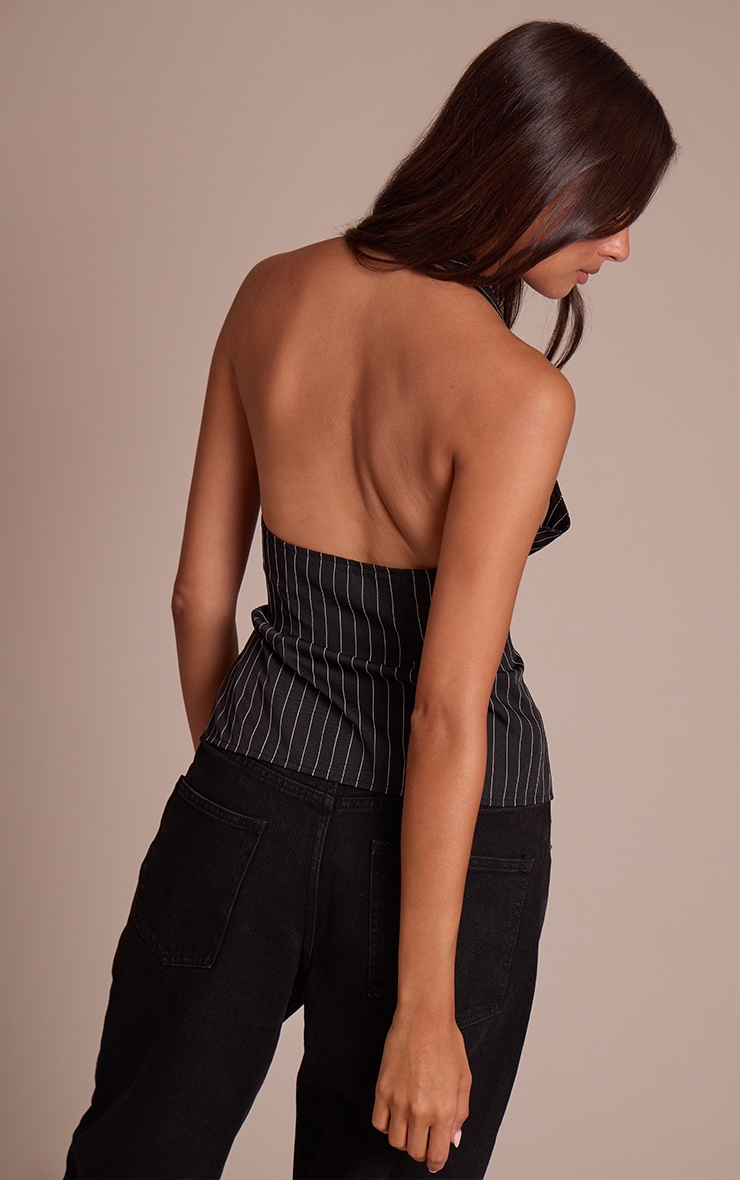 Black Pinstripe Woven Halterneck Button Down Vest image 2