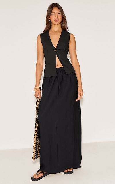 Black Textured Draw String Maxi Skirt