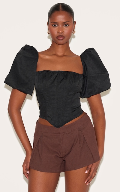 Black Puff Sleeve Woven Corset
