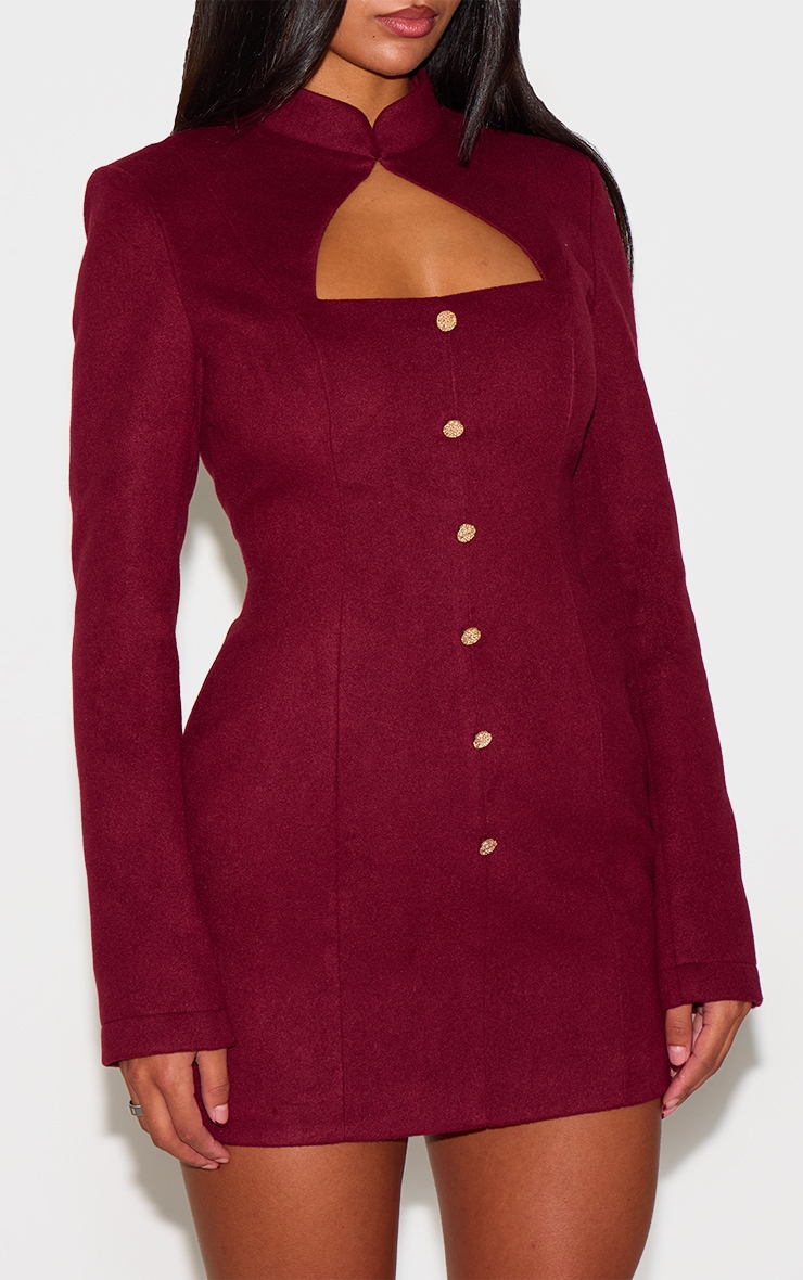 Burgundy Brushed Woven Long Sleeve Button Detail Mini Dress image 4