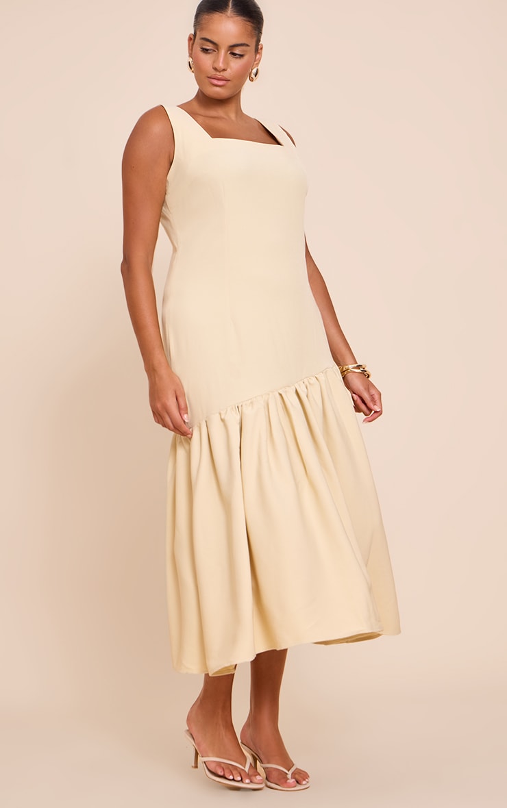 Plus Butter Yellow Pleated Hem Square Neck Midaxi Dress image 3