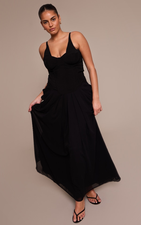 Plus Black Chiffon Drape Detail Corset Midi Dress