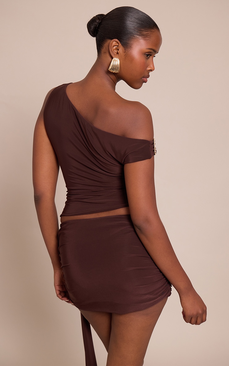 Dark Brown Double Layer Slinky Ruched One Shoulder Top  image 2