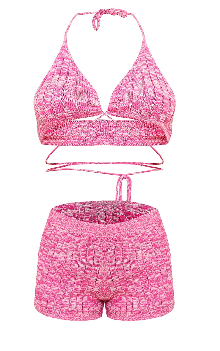 Pink Space Dye Ribbed Knit Shorts Bralet Set Knitwear PLT UAE