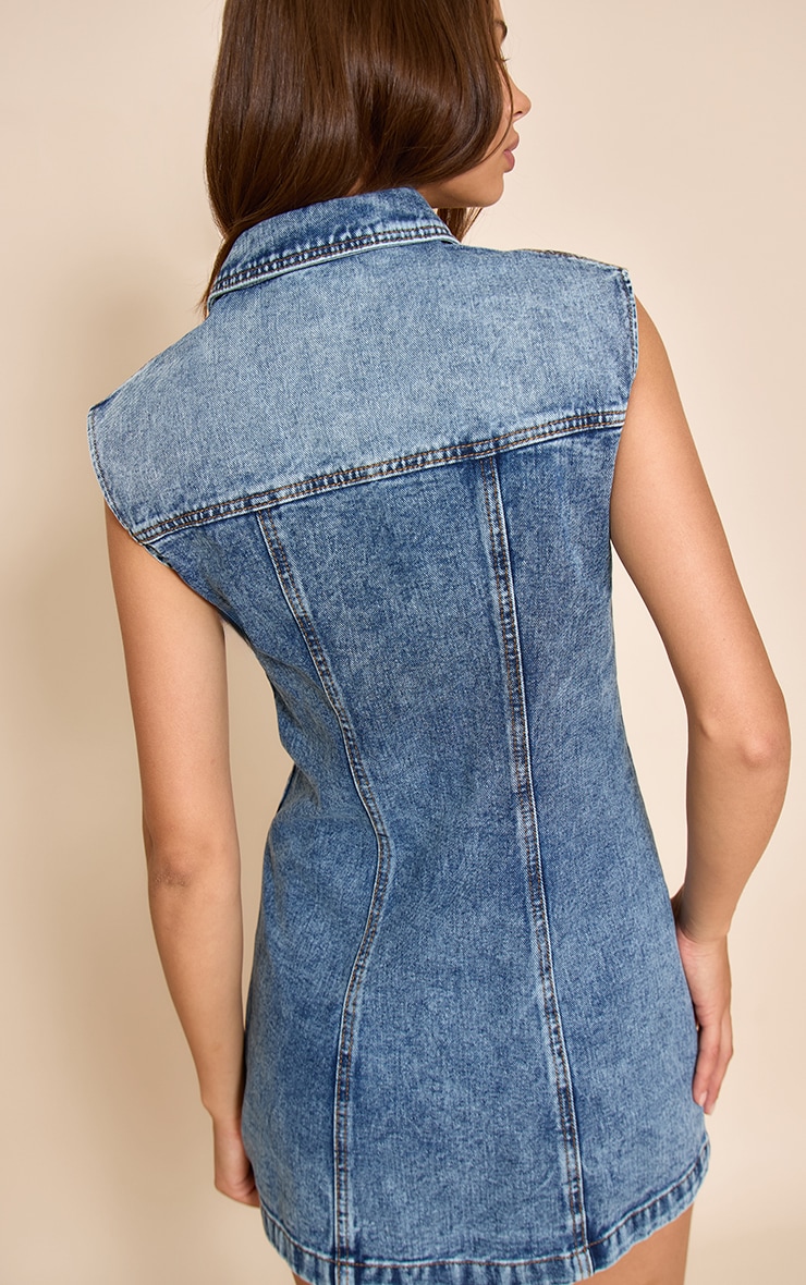 Mid Blue Wash Boxy Shoulder Denim Shirt Dress image 2